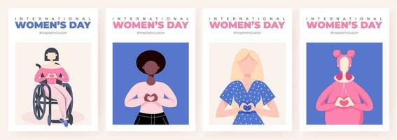 Internationale vrouwen dag poster set. inspireren inclusie 2024 campagne. groep van Dames van verschillend etniciteit, leeftijd, lichaam type, haar- kleur vector illustratie in gezichtsloos vlak stijl.