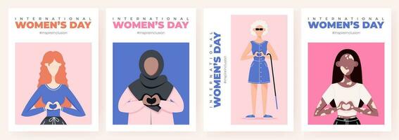 Internationale vrouwen dag poster set. inspireren inclusie 2024 campagne. groep van Dames van verschillend etniciteit, leeftijd, lichaam type, haar- kleur vector illustratie in gezichtsloos vlak stijl.