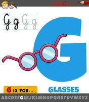brief g van alfabet met tekenfilm bril voorwerp vector