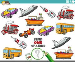 een van een soort leerzaam spel met tekenfilm voertuigen tekens vector
