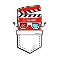 schattig grappig film klepel teken in zak- t-shirt print.vector tekenfilm tekening lijn stijl karakter logo illustratie ontwerp. geïsoleerd wit achtergrond. grappig tekenfilm brief, afdrukken voor zak- t overhemd vector