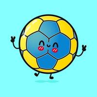 jumping handbal. vector hand- getrokken tekenfilm kawaii karakter illustratie icoon. geïsoleerd Aan blauw achtergrond. handbal bal karakter concept