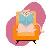 kat karakter in bril studie vlak. kat zit Aan een fauteuil en leest een boek. vector illustratie geïsoleerd Aan een wit achtergrond.