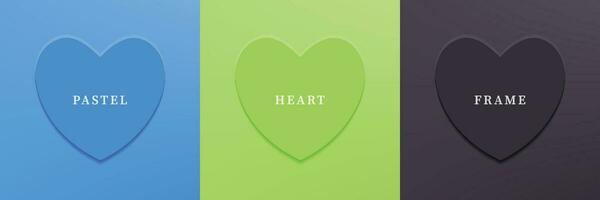 reeks van abstract 3d hart, verschillend kleur 3d hart vorm kader ontwerp. verzameling van meetkundig backdrop voor kunstmatig Product Scherm. top visie. vector illustratie