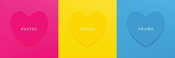 reeks van abstract 3d hart, verschillend kleur 3d hart vorm kader ontwerp. verzameling van meetkundig backdrop voor kunstmatig Product Scherm. top visie. vector illustratie