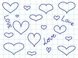 hand- getrokken hart Aan geruit papier vector illustratie. tekening symbolen met handgeschreven tekst voor liefde decoraties
