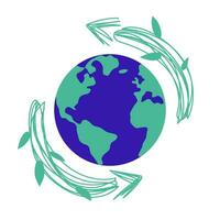 recycling symbool in de omgeving van de wereldbol. planeet aarde. lineair hand- getrokken recycle teken met bladeren geïsoleerd Aan wit achtergrond vector