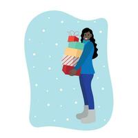 gelukkig zwart meisje met cadeaus geïsoleerd Aan wit, vlak vector, kerstmis, winter illustratie vector