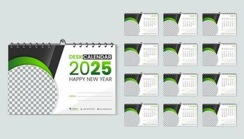 bureau kalender 2025 ontwerper en zakelijke ontwerp sjabloon set, jaar- kalender 2025 voor 12 maanden, week begint maandag, abstract groen helling kleur vorm met vector lay-out