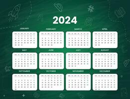 groen minimaal 2024 bureau kalender sjabloon, koel hand- getrokken school- voorwerp achtergrond ontwerp vector