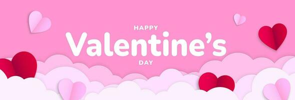 gelukkig valentijnsdag dag. Valentijn achtergrond ontwerp met papier wolken, vliegend rood en roze hart vormen. vector illustratie