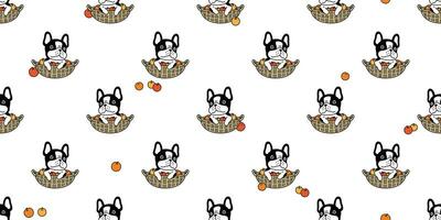 hond naadloos patroon Frans bulldog vector fruit mand oranje sjaal geïsoleerd tekenfilm herhaling achtergrond tegel behang illustratie wit ontwerp