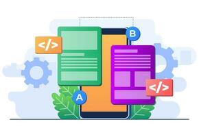 ab testen concept vlak illustratie vector sjabloon voor website banier, vergelijking spleet wireframe toepassing Aan Scherm smartphone, vergelijken test resultaat tussen 2 bladzijde van website ontwerp