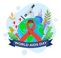 wereld AIDS dag illustratie concept vlak vector illustratie vector sjabloon, wereldbol met medisch apparatuur, rood lint naar verhogen bewustzijn van de AIDS epidemie