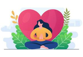 gelukkig Internationale yoga dag vlak illustratie vector sjabloon, vrouw mediteren Aan bladeren achtergrond, gezond levensstijl, yoga, meditatie, ontspanning, mensen oefenen gezond levensstijl