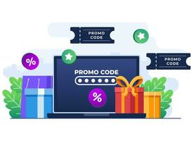 gebruik makend van promo code Aan online boodschappen doen uitchecken, korting code, geschenk bon, geschenk kaart, bonus, Promotie campagne concept vector vlak illustratie voor web banier, website ontwerp, sociaal media