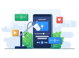 audio podcast concept vlak illustratie vector sjabloon, podcast mobiel toepassing koppel Aan smartphone scherm voor luisteren naar muziek, radio en podcasts, muziek- speler