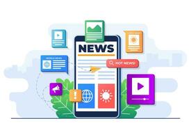 online nieuws mobiel toepassing vlak illustratie vector sjabloon, online nieuws artikel, nieuws webpagina, online massa media Aan smartphone scherm, internet nieuwsbrief