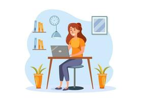 jong vrouw freelancer arbeider in bureau gebruik makend van laptop vector illustratie ontwerp