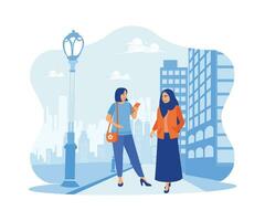 een vrouw vervelend een hijab wandelingen met haar vrouw vriend Aan een stad straat. stedelijk gebouwen net zo achtergrond. gelukkig kalmte vredig meisje vrijwilliger concept. neiging modern vector vlak illustratie