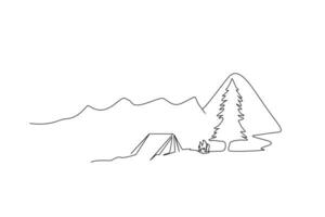 natuur berg camping kampvuur tent werkzaamheid levensstijl levensstijl lijn kunst ontwerp vector