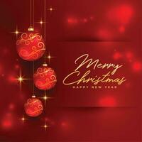 glimmend vrolijk Kerstmis rood achtergrond met decoratief snuisterij ontwerp vector