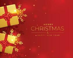 vrolijk Kerstmis rood groet met gouden geschenk dozen en sneeuwvlokken vector