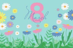 Gefeliciteerd, ansichtkaart Aan maart 8e met bloemen. vector
