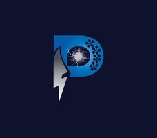 p brief elektrisch energie abstract technologie logo met creatief ontwerp blauw of zilver kleur vector