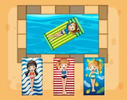 Een groep meisjes die naast het zwembad zonnebaden vector