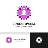 yoga logo ontwerp voorraad. menselijke meditatie in lotusbloem vectorillustratie in paarse kleur vector