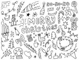 Kerstmis krabbels. hand- getrokken Kerstmis illustraties. geïsoleerd wit achtergrond winter nieuw jaar zwart schets. modern ontwerp voor vakantie groet kaart, geschenk label, label, sticker, banier, poster, ansichtkaart vector
