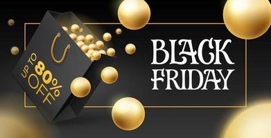 black friday-verkoopbanner met handgeschreven typografie. vectorillustratie met boodschappentas en vliegende gouden ballen. tot 80 tachtig procent korting. sjabloon voor winkel, winkel, kortingsflyer, poster, advertentie. vector