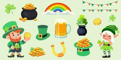 reeks van tradities voor st. Patrick dag. een reeks van vector illustraties, stickers voor affiches, uitnodigingen, ansichtkaarten. elf, kabouter, munt, goud, pot, hoefijzer, regenboog, bier mok, triliair, Tsjervonet