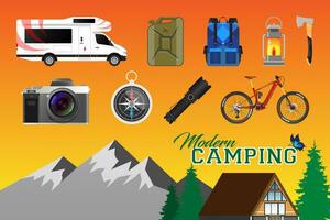 modern camping reeks camping, reizend, reis, hiking, kampeerder, natuur, reis, camping elementen rugzak lamp fiets vrachtauto illustratie vector