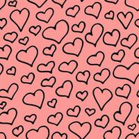 schattig harten patroon. vector naadloos achtergrond voor heilige valentijnsdag dag, bruiloft, datum. hand- getrokken harten herhaling illustratie. tekening liefde symbolen zwart en roze afdrukken