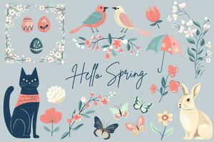 voorjaar verzameling. hand- getrokken voorjaar elementen bloemen, kat, vogel, konijn. vector illustratie. modieus voorjaar ontwerp
