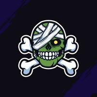 mascotte logo van groen zombie hoofd verpakt in verband met gekruiste botten vector