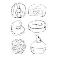 geglazuurd donuts met verschillend toppings, glazuur, jam, kers en hagelslag vector zwart en wit illustratie set. heerlijk ronde donuts verzameling