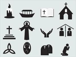 Christendom icoon. zwart vlak ontwerp. kruis, staand Jezus, kaarsen, kerk en meer. vector illustratie.