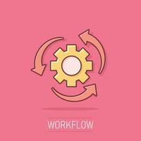 workflow werkwijze icoon in grappig stijl. uitrusting tand wiel met pijlen vector tekenfilm illustratie pictogram. workflow bedrijf concept plons effect.