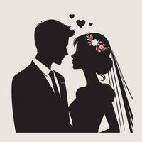 silhouet van een bruid en bruidegom Aan een achtergrond van harten vector