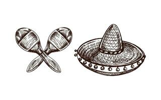 hand getekend schetsen van maracas en sombrero. wijnoogst tekening van hoed. vector zwart inkt schets illustratie. Mexicaans cultuur, kleren, Latijns Amerika.