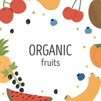 tropisch fruit plein kaart ontwerp met plaats voor tekst. verschillend zomer zoet bessen en biologisch producten. exotisch fruitig sappig achtergrond sjabloon voor menu. modern gekleurde vlak vector illustratie.