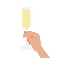 vrouw of mannetje hand- Holding Champagne glas met mimosa cocktail. fluit tulp glas met alcohol drankje. zomer aperitief, alcoholisch drank. gekleurde grafisch vlak vector illustratie geïsoleerd Aan wit.