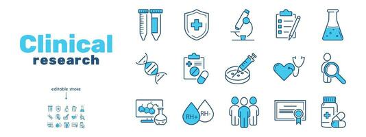 klinisch studie, proeven, onderzoek lijn icoon set. vergelijking groep, test persoon,spuit, pillen, microscoop, testen buizen, dna, testen, recept, rh factor, bloed vector illustratie. bewerkbare hartinfarct.