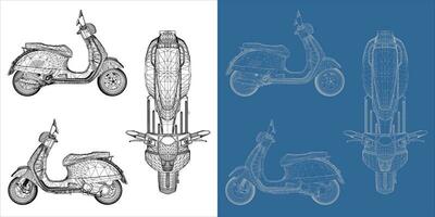 retro klassiek motorfiets scooter matic gedetailleerd vector illustratie geïsoleerd wit kleur wireframe blauwdruk