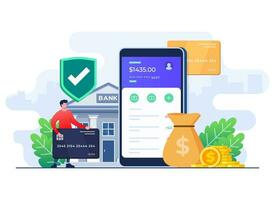 mobiel bank app vlak illustratie, online bankieren, e-commerce, elektronisch bankieren, mannetje karakter proberen naar toegang bank account gebruik makend van een smartphone, geld overdracht, credit kaart betalingen, bedrijf en financiën vector