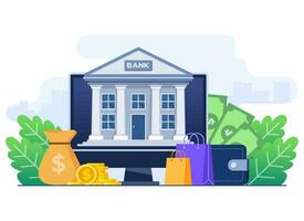 online bank concept vlak vector illustratie sjabloon, bank investering, deposito's, leningen, uitwisselingen, geld bescherming, spaargeld en financiën, e-wallet, digitaal bank