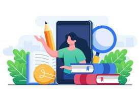 vrouw leraar onderwijs Aan smartphone scherm vlak vector illustratie, online opleiding, e-learning, online Cursus, online webinar, video zelfstudie